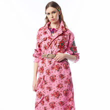 Load image into Gallery viewer, Woman wearing a pink floral coat dress with a belt on a white background