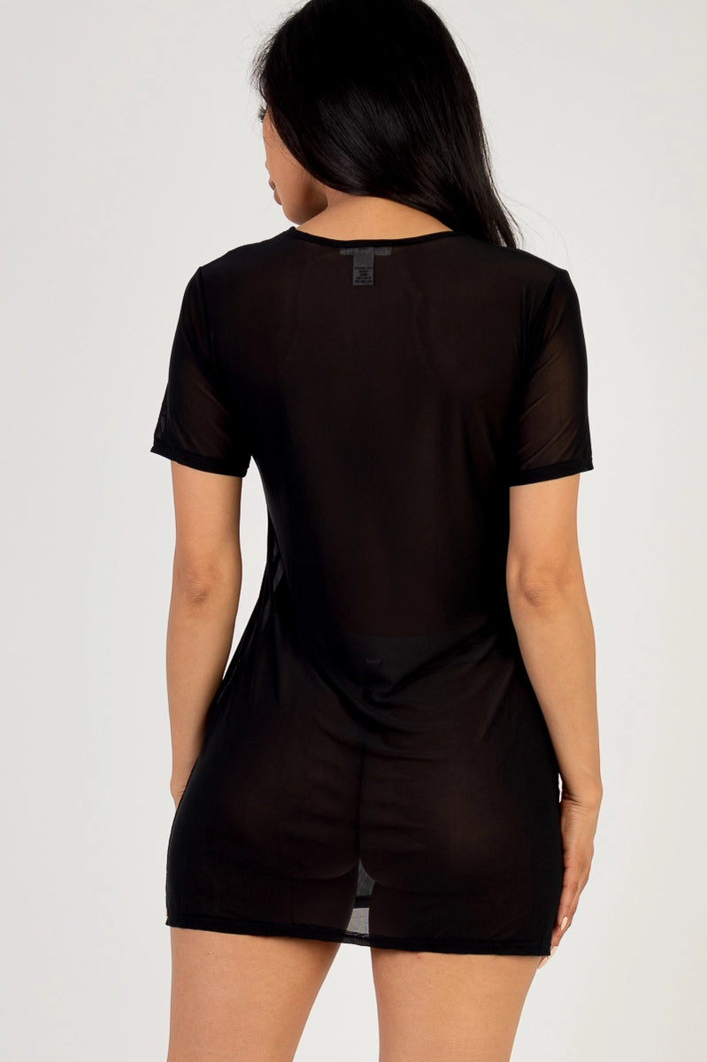 knee length dresses for ladies Rhinestone Embellished Sheer Fishnet Cover Up T-Shirt Dress main image 0