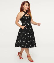 Load image into Gallery viewer, Black & Silver Bats Criss Cross Halter Rita Flare Dress