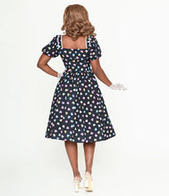Load image into Gallery viewer, Black Candy Heart Puff Sleeve Midi Button Front Dress