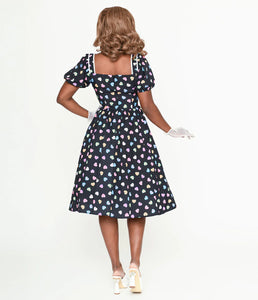 Black Candy Heart Puff Sleeve Midi Button Front Dress