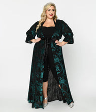Load image into Gallery viewer, Black & Teal Floral Velvet Burnout Duster