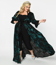 Load image into Gallery viewer, Black & Teal Floral Velvet Burnout Duster