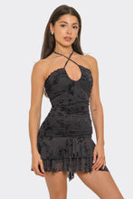 Load image into Gallery viewer, Black Rose Mesh Strapless Mini Dress with Front Tie