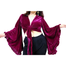 Load image into Gallery viewer, Wine Velvet Bell Sleeve Wrap Top