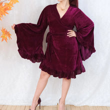 Load image into Gallery viewer, Burgundy Velvet Wrap Dress with Bell Sleeve