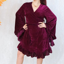 Load image into Gallery viewer, Burgundy Velvet Wrap Dress with Bell Sleeve