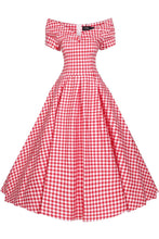 Load image into Gallery viewer, Off Shoulder Red Gingham Swing Dress