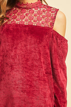 Load image into Gallery viewer, Burgundy Lace and Velvet Cold Shoulder Top
