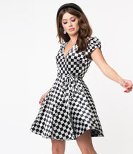Load image into Gallery viewer, Black and Grey Checkerboard Velvet Girl Power Flare Dress
