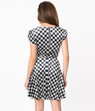 Load image into Gallery viewer, Black and Grey Checkerboard Velvet Girl Power Flare Dress