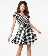 Load image into Gallery viewer, Black and Grey Checkerboard Velvet Girl Power Flare Dress