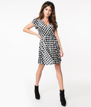 Load image into Gallery viewer, Black and Grey Checkerboard Velvet Girl Power Flare Dress