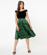 Load image into Gallery viewer, Green Velvet and Black Floral High Waist Vivien Swing Skirt