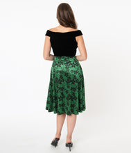 Load image into Gallery viewer, Green Velvet and Black Floral High Waist Vivien Swing Skirt