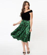 Load image into Gallery viewer, Green Velvet and Black Floral High Waist Vivien Swing Skirt