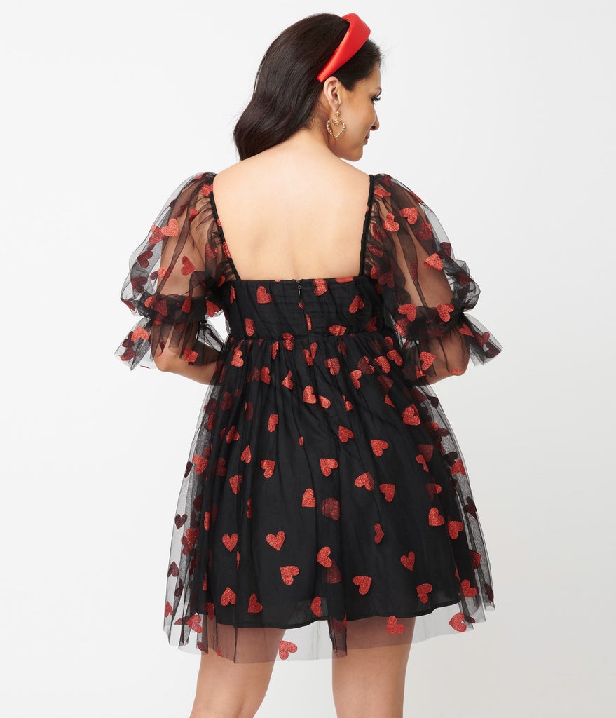 Black and Red Glitter Hearts Love Interest Babydoll Dress