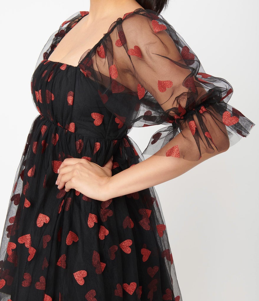 Black and Red Glitter Hearts Love Interest Babydoll Dress Black and Red Glitter Hearts Love Interest Babydoll Dress