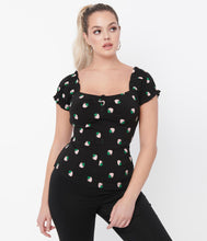 Load image into Gallery viewer, Black and Strawberry Print Loretta Top