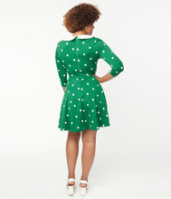 Load image into Gallery viewer, Green and White Polka Dot Strawberry Collared Wednesday Flare Dress
