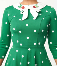 Load image into Gallery viewer, Green and White Polka Dot Strawberry Collared Wednesday Flare Dress