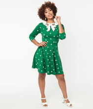 Load image into Gallery viewer, Green and White Polka Dot Strawberry Collared Wednesday Flare Dress