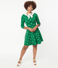 Load image into Gallery viewer, Green and White Polka Dot Strawberry Collared Wednesday Flare Dress