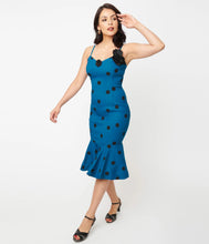 Load image into Gallery viewer, Teal and Black Polka Dot Rizzo Wiggle Dress