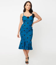 Load image into Gallery viewer, Teal and Black Polka Dot Rizzo Wiggle Dress