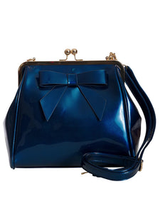 Navy Blue Metallic Classic Retro Bow Kisslock Handbag