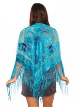 Load image into Gallery viewer, Calypso Turquoise Velvet Floral Burnout Triangle Shawl
