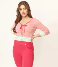 Load image into Gallery viewer, Pink with Mint and White Stripe Perforated Dandy Cardigan