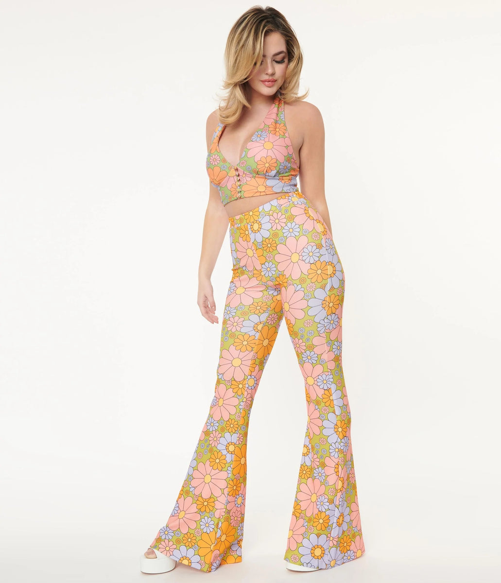 Generic Retro style flare pants geometric pattern 70s Flare