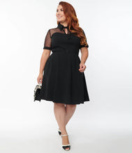 Load image into Gallery viewer, Black with Mesh Contrast Fit and Flare Dress