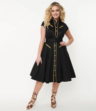 Load image into Gallery viewer, Black with Gold Trim Madeline Fringe Swing Dress