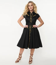 Load image into Gallery viewer, Black with Gold Trim Madeline Fringe Swing Dress