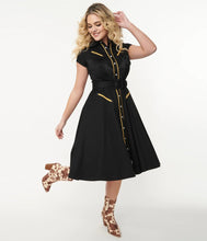 Load image into Gallery viewer, Black with Gold Trim Madeline Fringe Swing Dress