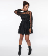 Load image into Gallery viewer, Black Flocked Moon and Stars Flare Dress
