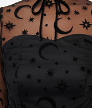 Load image into Gallery viewer, Black Flocked Moon and Stars Flare Dress
