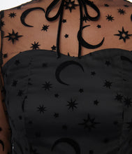 Load image into Gallery viewer, Black Flocked Moon and Stars Flare Dress