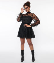 Load image into Gallery viewer, Black Flocked Moon and Stars Flare Dress