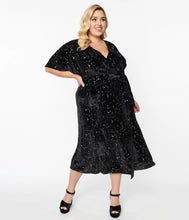 Load image into Gallery viewer, Black Velvet and Star Print Wrap Midi Dress