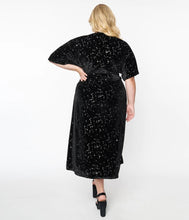 Load image into Gallery viewer, Black Velvet and Star Print Wrap Midi Dress