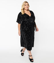 Load image into Gallery viewer, Black Velvet and Star Print Wrap Midi Dress