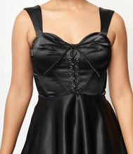 Load image into Gallery viewer, Black Satin Corset Flare Dress