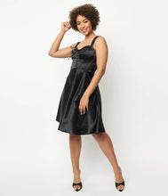 Load image into Gallery viewer, Black Satin Corset Flare Dress