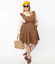 Load image into Gallery viewer, Brown and Orange Floral Corduroy Ruffle Pinafore