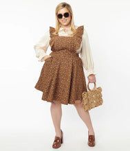 Load image into Gallery viewer, Brown and Orange Floral Corduroy Ruffle Pinafore