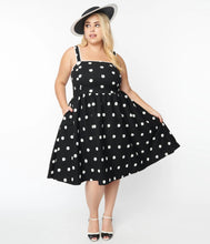 Load image into Gallery viewer, Black and Ivory Flocked Polka Dot Pinafore Swing Dress