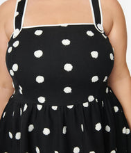 Load image into Gallery viewer, Black and Ivory Flocked Polka Dot Pinafore Swing Dress